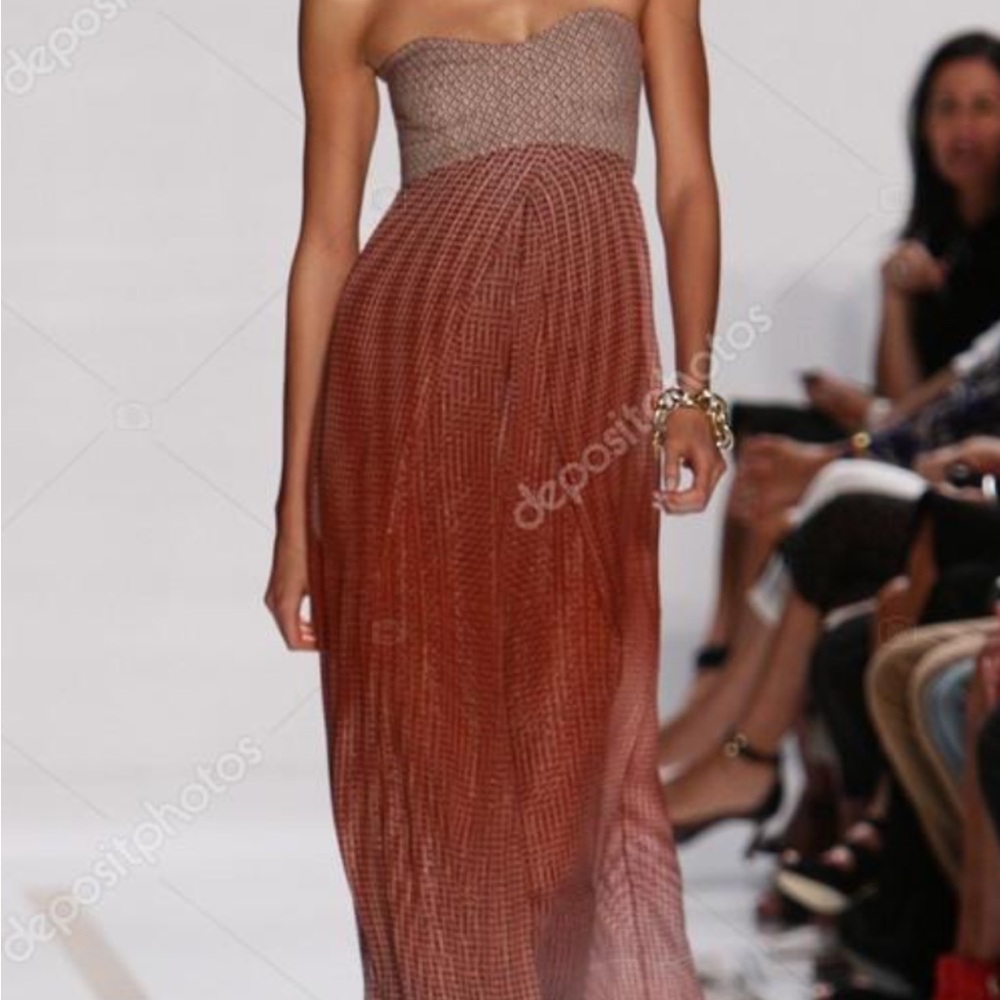 Diane Von Furstenberg Red and Tan Strapless Pleated Gown